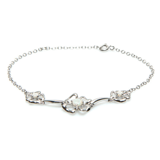 Bracelet fleur en opale blanche, argent 925 rhodié, longueur ajustable 18+1 cm