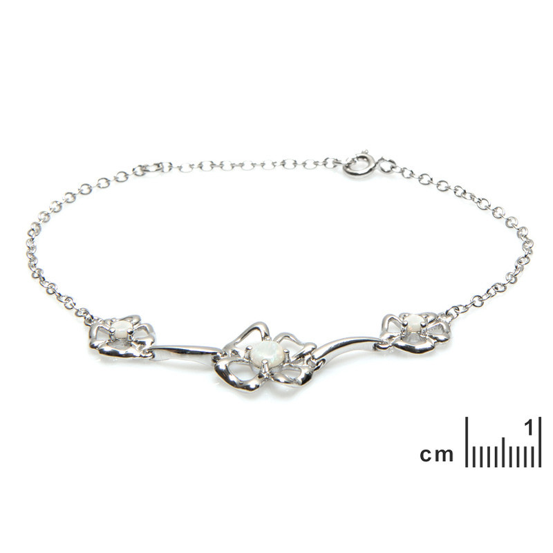 Bracelet fleur en opale blanche, argent 925 rhodié, longueur ajustable 18+1 cm