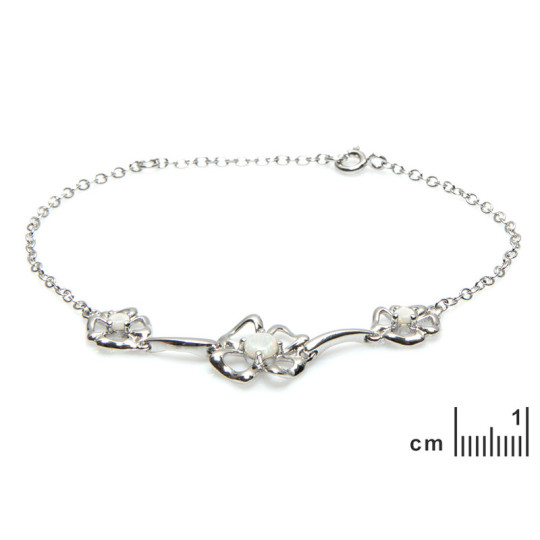 Bracelet fleur en opale blanche, argent 925 rhodié, longueur ajustable 18+1 cm