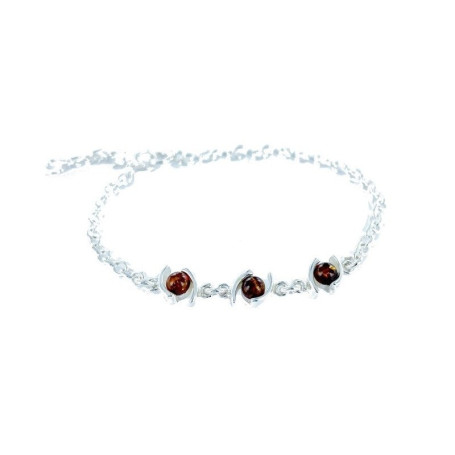 Pulsera de ámbar coñac, plata 925, ajustable 16+3 cm