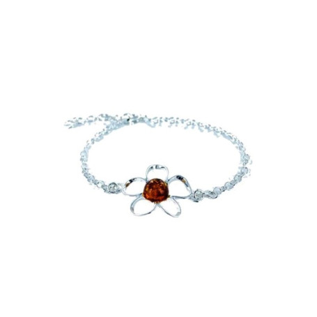 Natural cognac amber flower bracelet, round, in 925 silver, adjustable 16+3 cm