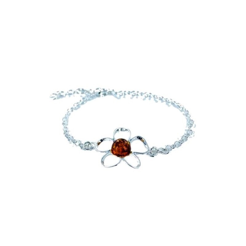 Bracelet fleur en ambre cognac naturel rond, en argent 925, ajustable 16+3 cm
