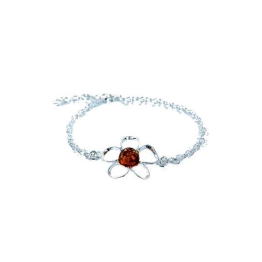 Bracelet fleur en ambre cognac naturel rond, en argent 925, ajustable 16+3 cm