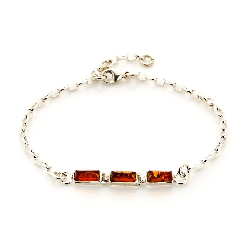 Bracelet en ambre cognac, argent 925, ajustable 16+3 cm