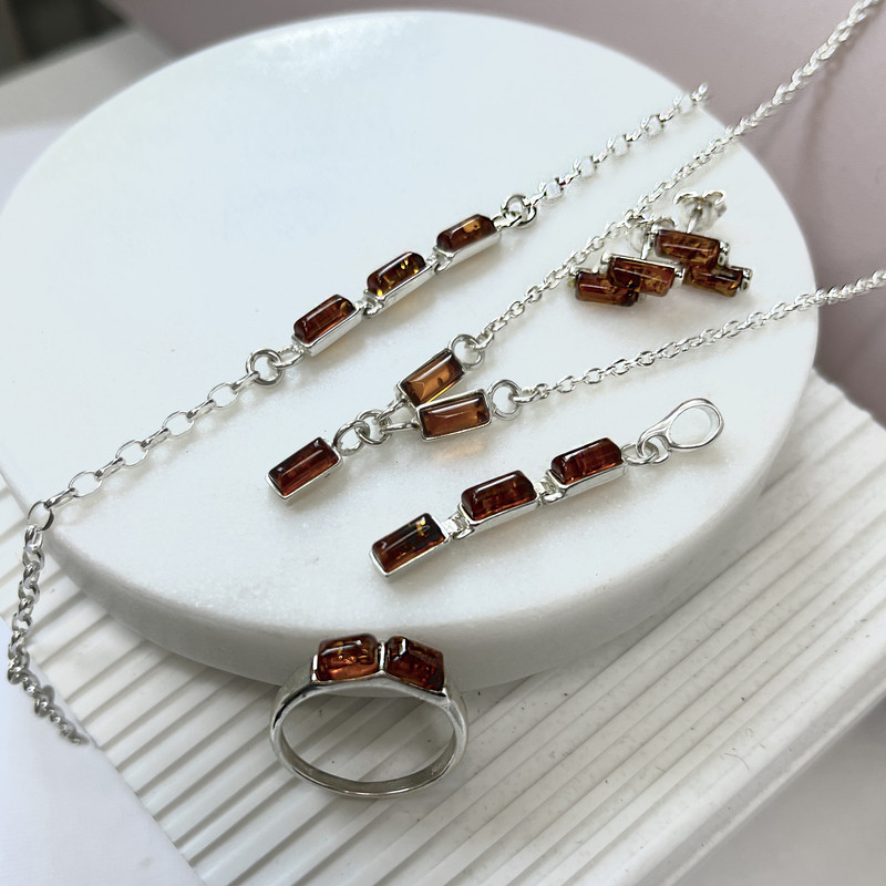 Bracelet en ambre cognac, argent 925, ajustable 16+3 cm