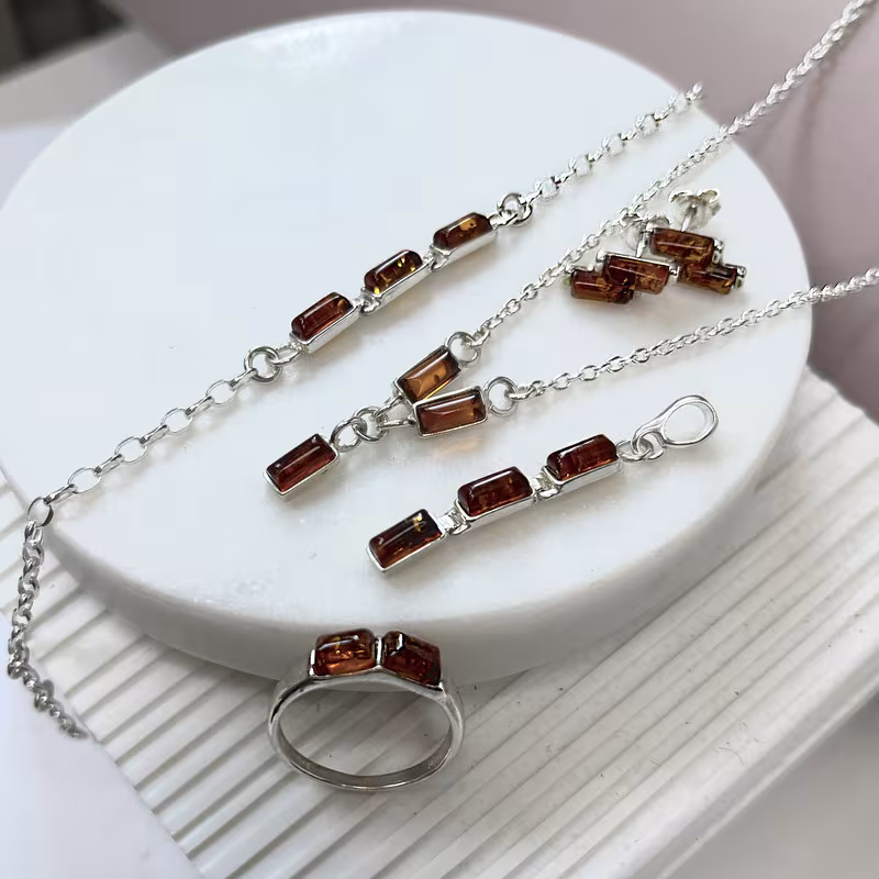 Cognac amber bracelet, 925 silver, adjustable 16+3 cm