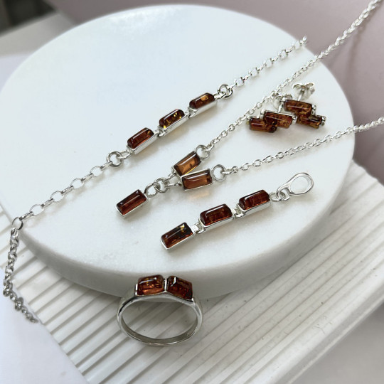 Bracelet en ambre cognac, argent 925, ajustable 16+3 cm