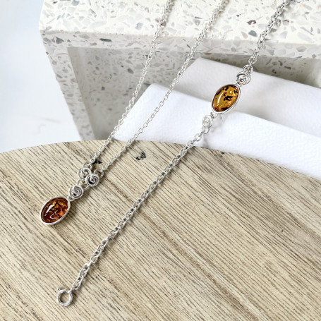 Bracciale in ambra cognac, argento 925, lunghezza regolabile 16+3 cm