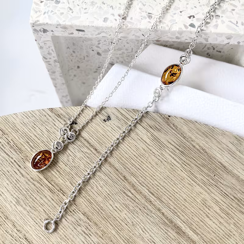 Bracelet en ambre cognac, argent 925, longueur ajustable 16+3 cm