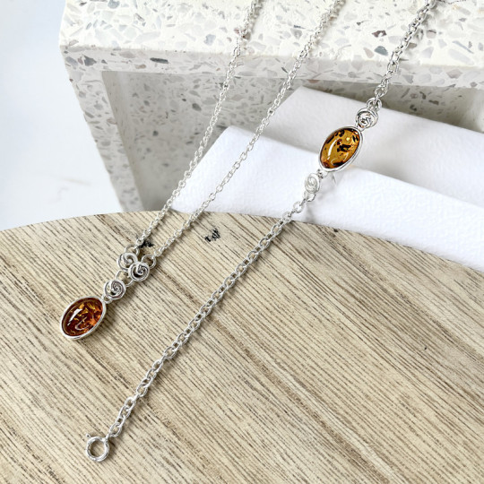 Bracelet en ambre cognac, argent 925, longueur ajustable 16+3 cm