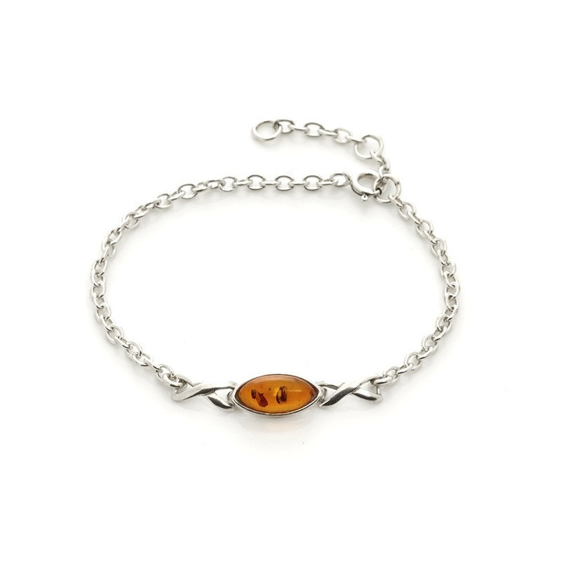 Pulsera de ámbar coñac, plata 925, ajustable 16+3 cm