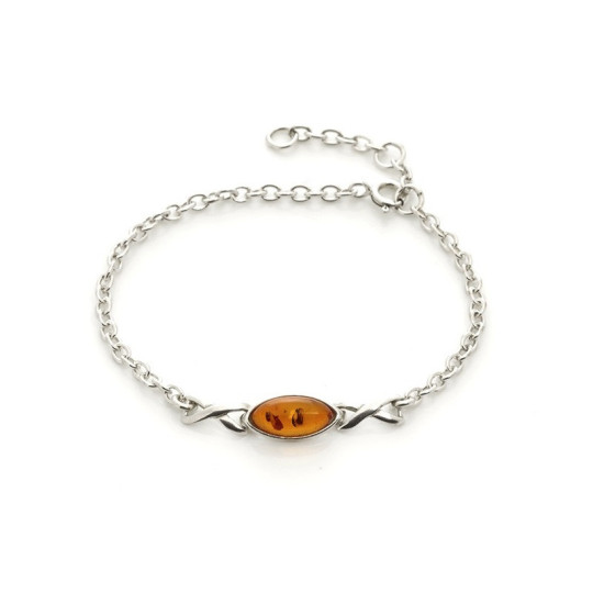 Pulsera de ámbar coñac, plata 925, ajustable 16+3 cm