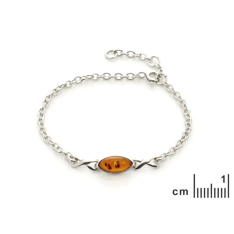 Pulsera de ámbar coñac, plata 925, ajustable 16+3 cm
