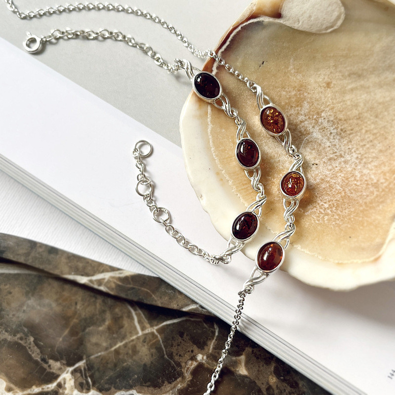 Cognac amber bracelet, 925 silver, adjustable 16+3 cm