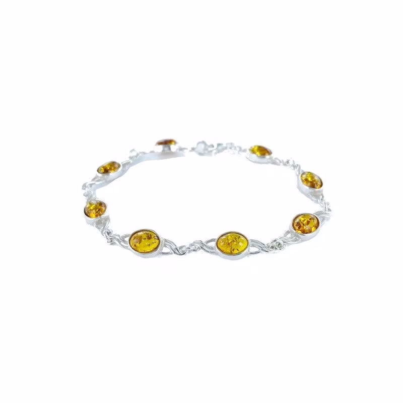 Bracelet en ambre cognac, argent 925, ajustable 16+3 cm