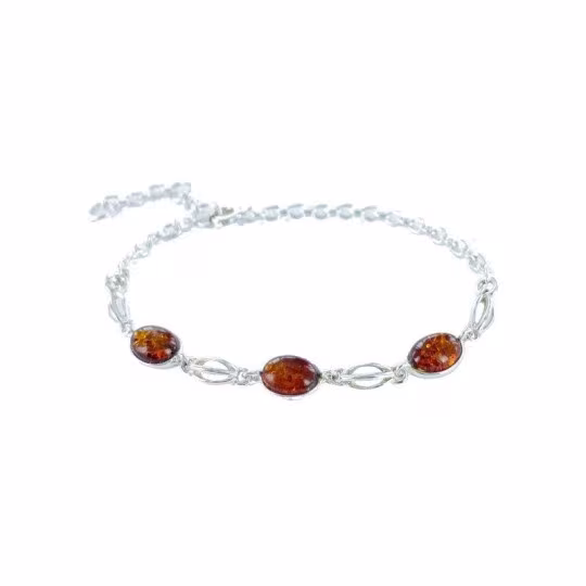 Pulsera de ámbar coñac, plata 925, largo ajustable 16+3 cm