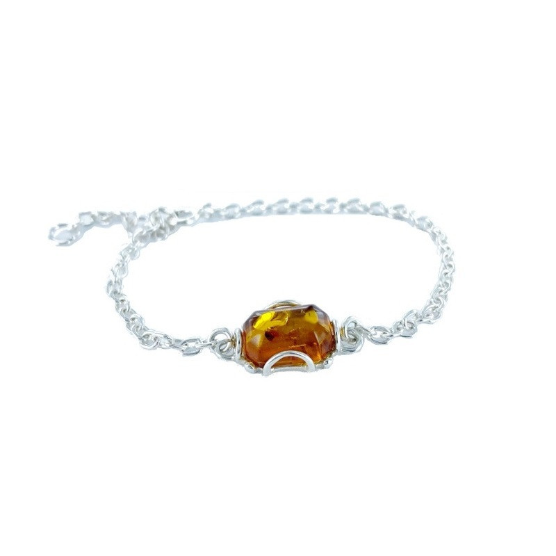 Pulsera de ámbar coñac, plata 925, largo ajustable 16+3 cm