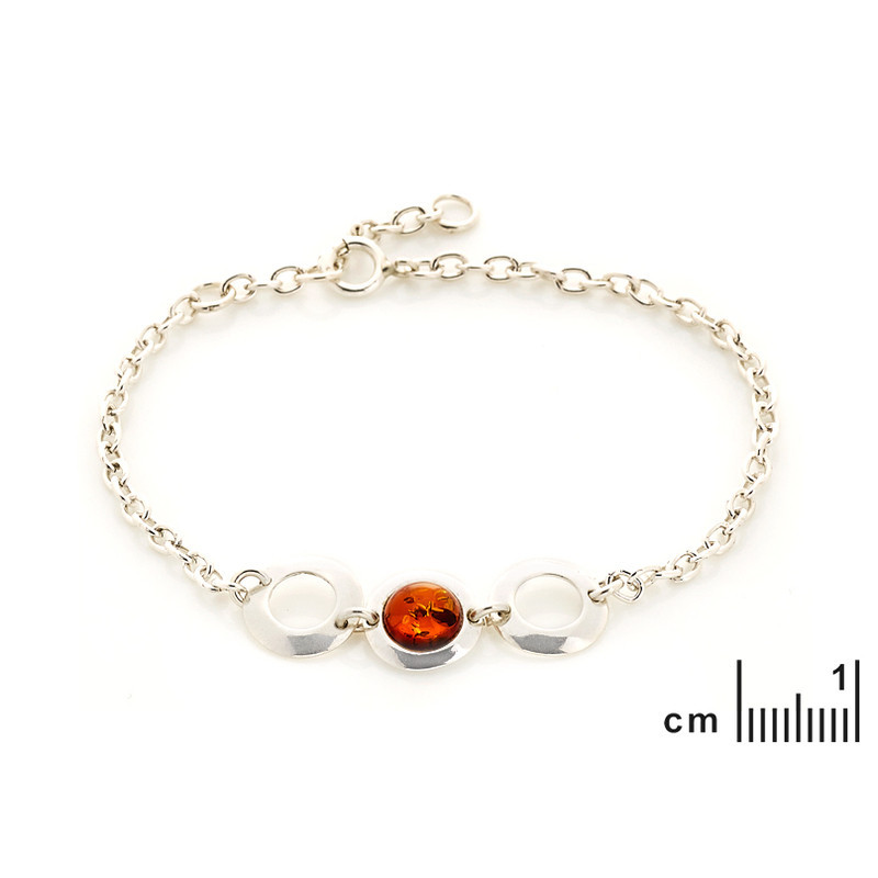 Pulsera de ámbar coñac, plata 925, ajustable 16+3 cm