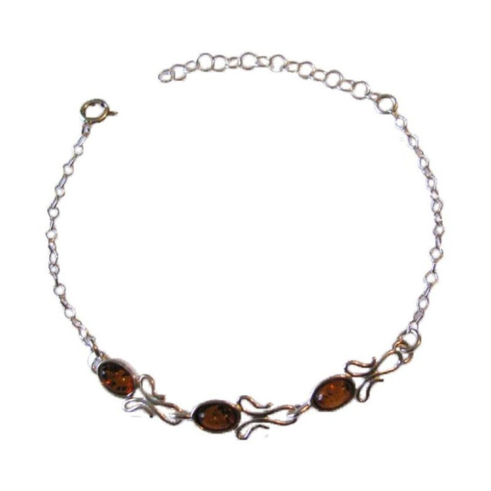 Bracelet en ambre cognac, argent 925, ajustable 16+3 cm