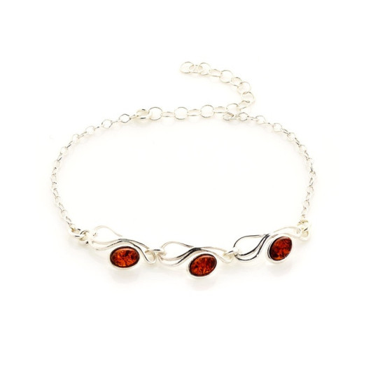 Bracelet en ambre cognac, argent 925, longueur ajustable 17+3 cm