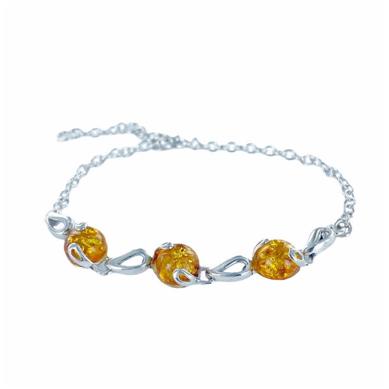 Pulsera de ámbar coñac, plata 925, largo ajustable 16+3 cm