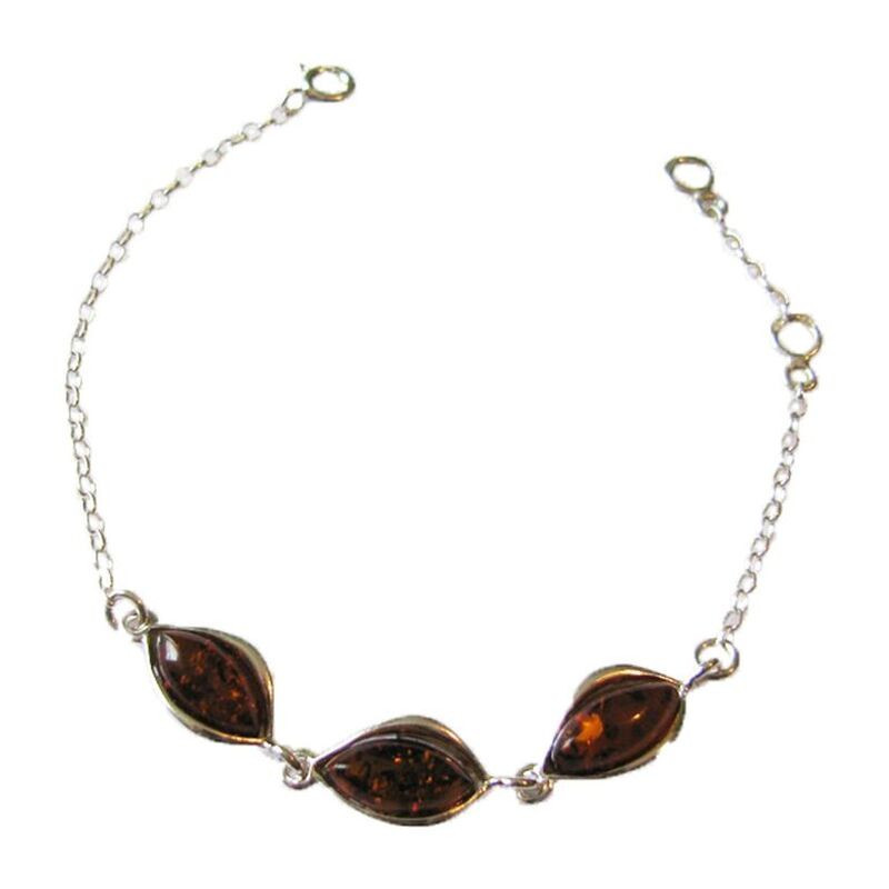 Bracelet en ambre cognac, argent 925, longueur ajustable 16+3,5 cm