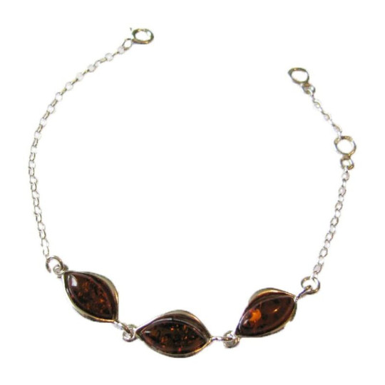 Bracelet en ambre cognac, argent 925, longueur ajustable 16+3,5 cm