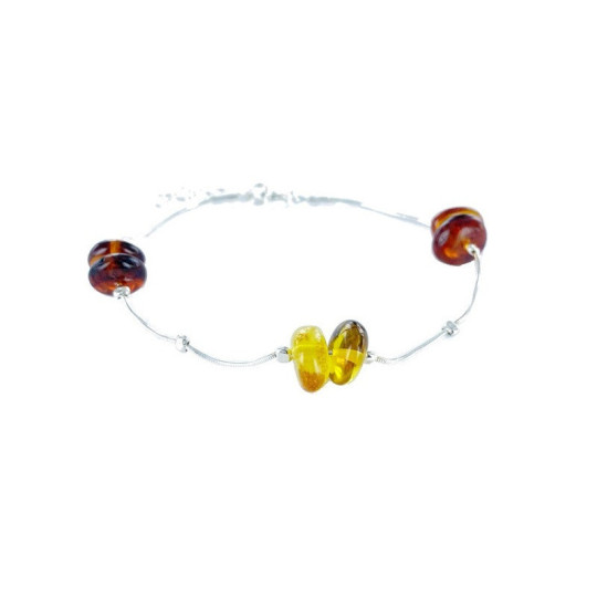 Bracelet en ambre multicolore, argent 925, longueur ajustable 19+3 cm