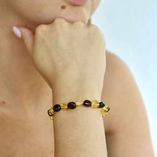 Natural multi-colored olive Baltic amber bracelet, length 18 cm
