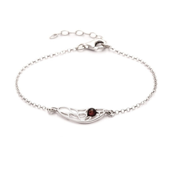 Bracelet papillon en ambre cognac, argent 925 rhodié, longueur ajustable 17+3 cm