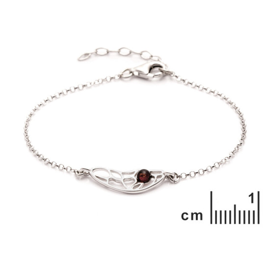 Bracelet papillon en ambre cognac, argent 925 rhodié, longueur ajustable 17+3 cm