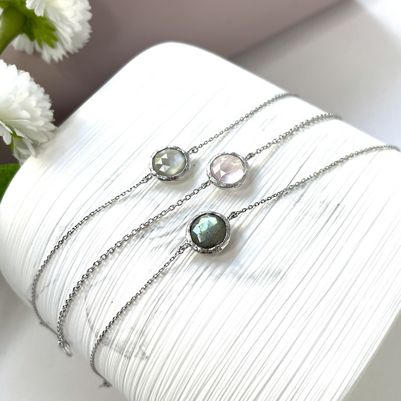 Bracelet en pierre de lune blanche, argent 925 rhodié, ajustable 16+2 cm