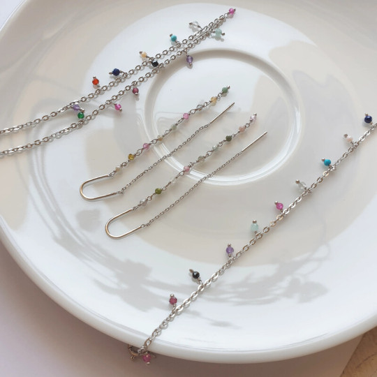 Bracelet multipierres, argent 925 rhodié, longueur ajustable 15,5+3 cm