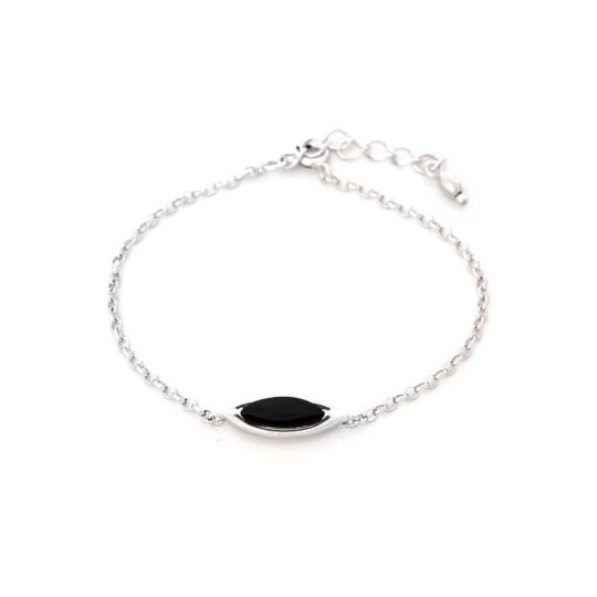 Black agate bracelet, rhodium-plated 925 silver, adjustable length 17+3 cm