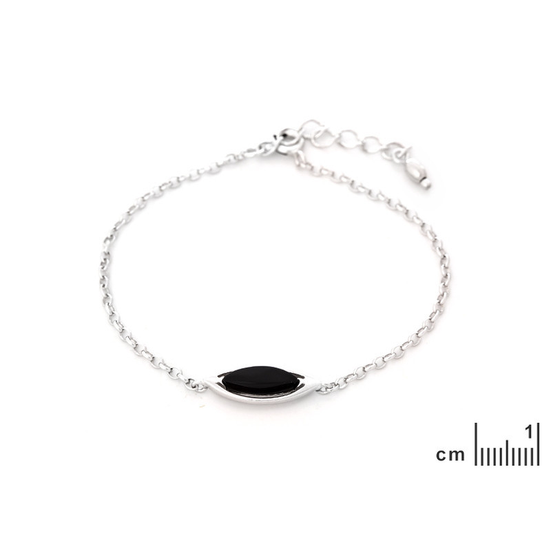 Black agate bracelet, rhodium-plated 925 silver, adjustable length 17+3 cm