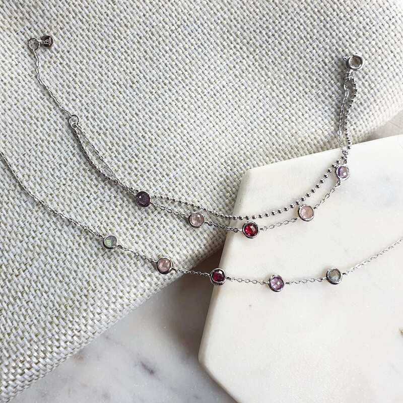 Bracciale multipietra, argento 925 rodiato, regolabile 15+3 cm