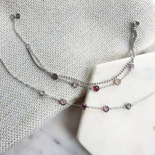Bracciale multipietra, argento 925 rodiato, regolabile 15+3 cm