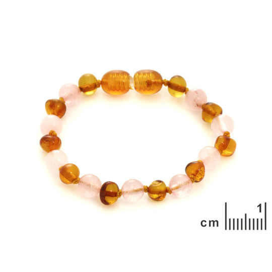 Baby bracelet in amber and rose quartz, screw clasp, length 12-13 cm