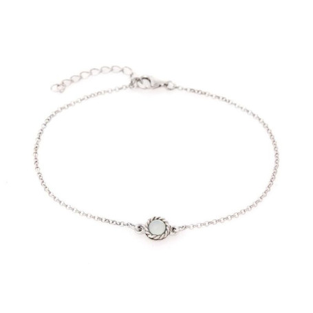 Round blue agate bracelet, rhodium-plated 925 silver, adjustable length 17+3 cm