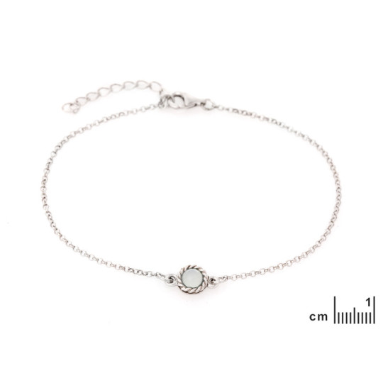 Round blue agate bracelet, rhodium-plated 925 silver, adjustable length 17+3 cm