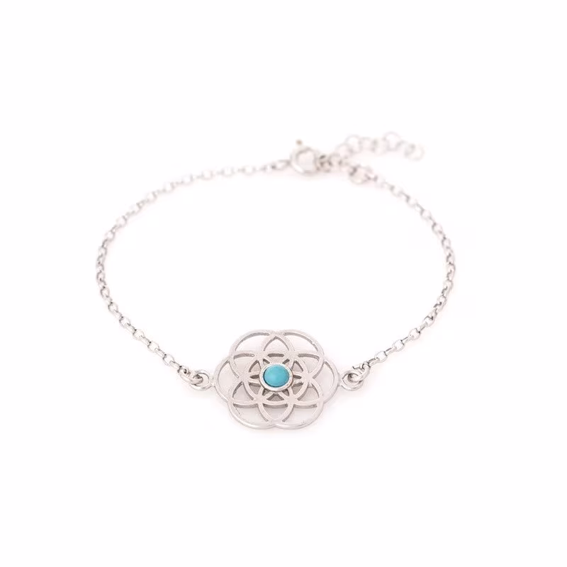 Bracelet fleur de vie en turquoise bleue, argent 925 rhodié, ajustable 16+3 cm