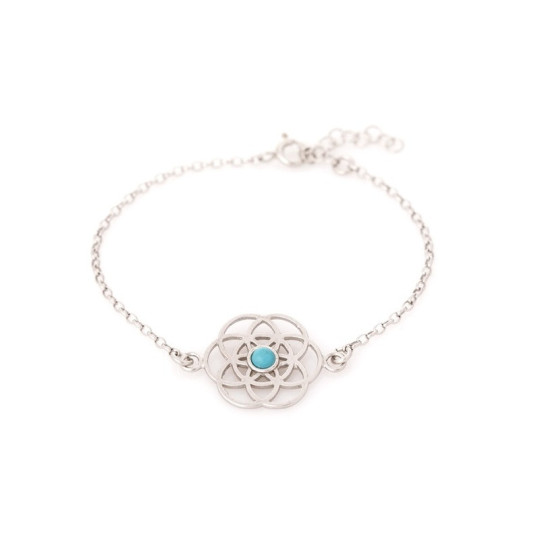Bracelet fleur de vie en turquoise bleue, argent 925 rhodié, ajustable 16+3 cm