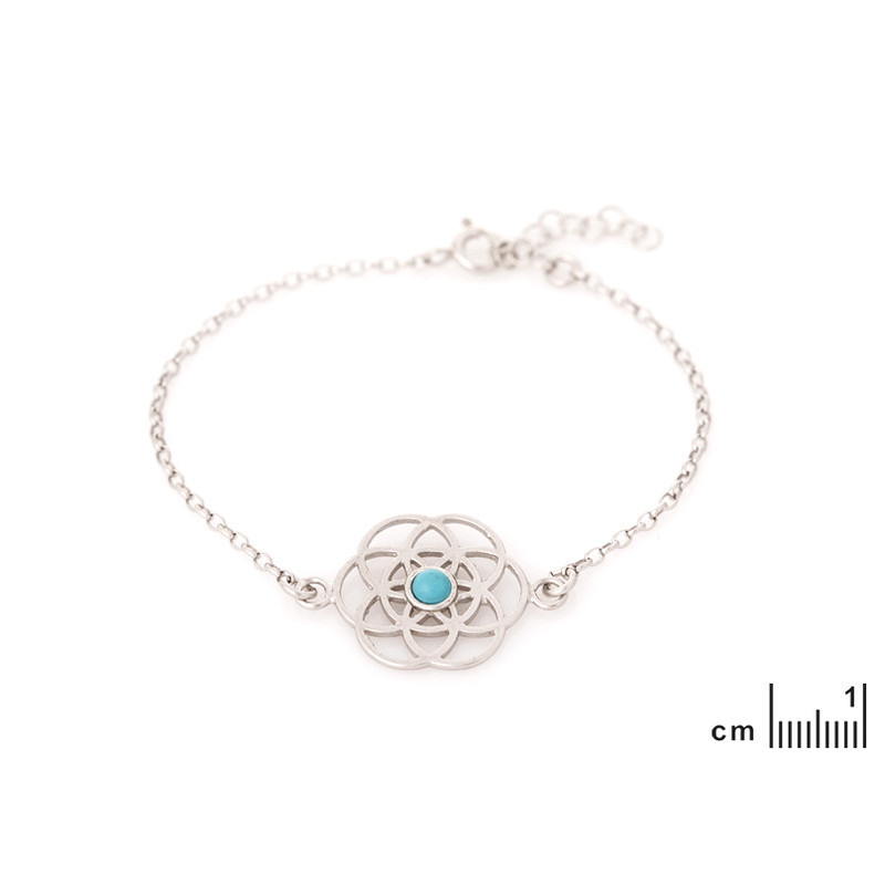 Bracelet fleur de vie en turquoise bleue, argent 925 rhodié, ajustable 16+3 cm