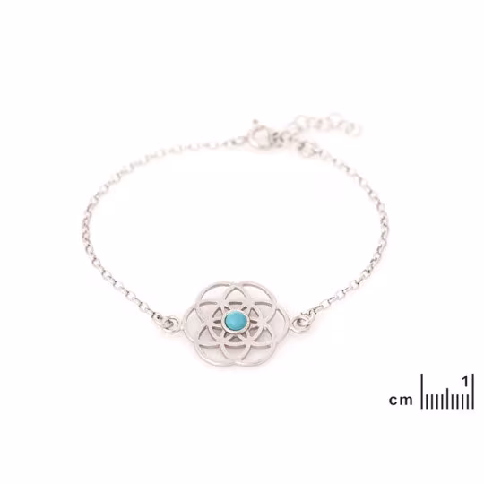 Bracelet fleur de vie en turquoise bleue, argent 925 rhodié, ajustable 16+3 cm