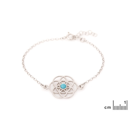 Pulsera flor de la vida en turquesa azul, plata 925 rodiada, ajustable 16+3 cm