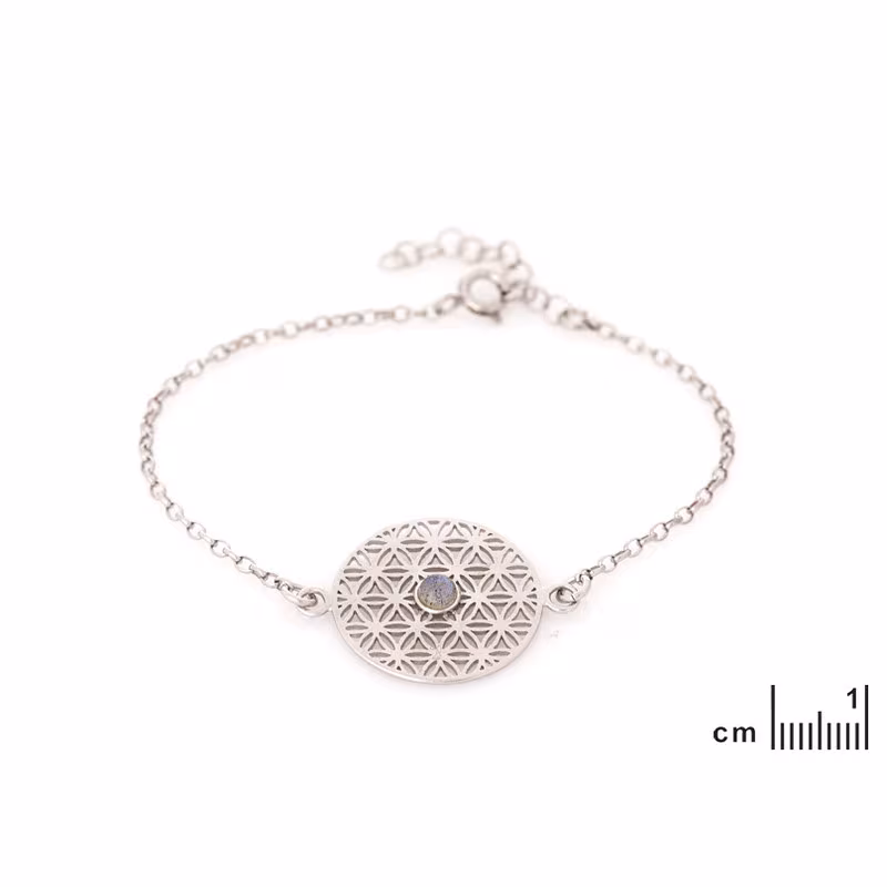 Flower of life bracelet in labradorite, rhodium-plated 925 silver, adjustable 16+3 cm