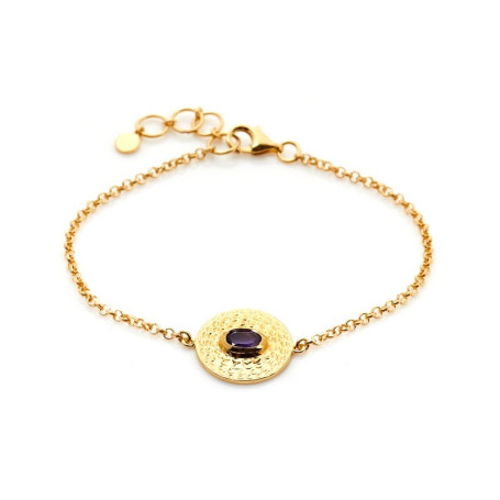 Bracelet en améthyste violette, argent 925 doré, longueur ajustable 16+2 cm