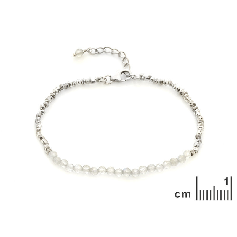 Labradorite and meteorite bracelet, rhodium-plated 925 silver, adjustable 16+3 cm
