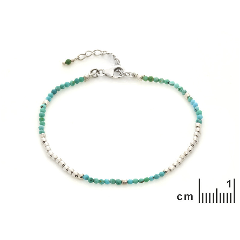 Bracelet en turquoise bleue, argent 925 rhodié, longueur ajustable 16+3 cm