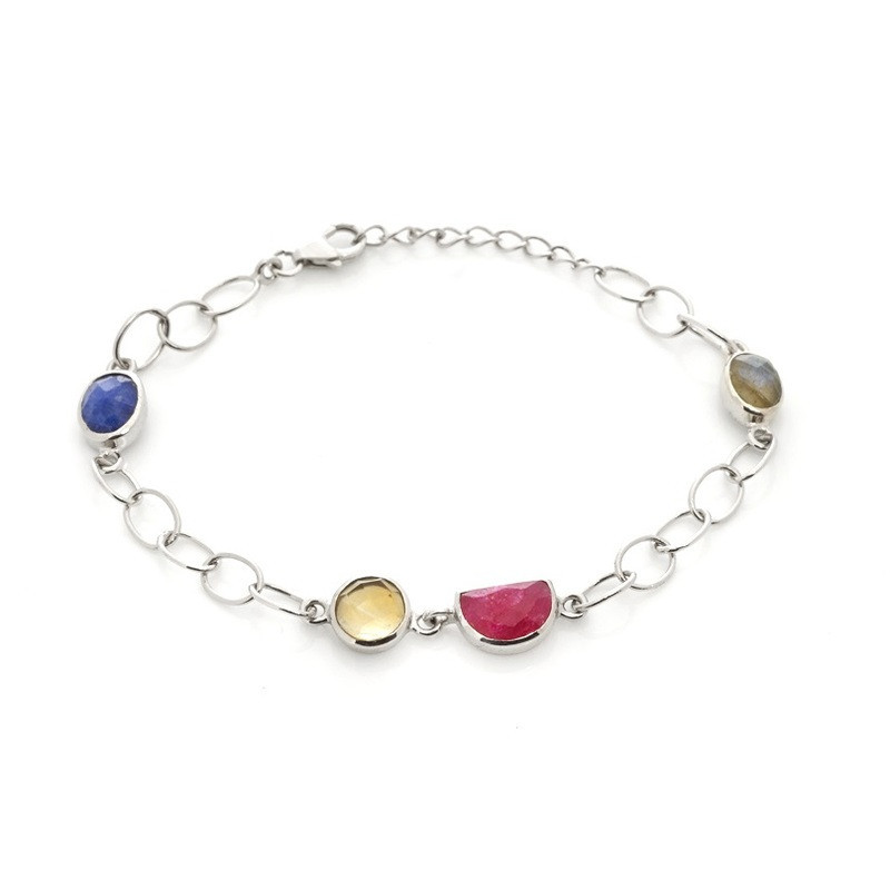 Multi-stone bracelet, rhodium-plated 925 silver, adjustable length 15+3 cm